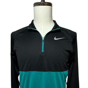 Nike Dri Fit Shirt Mens Medium Black Green Running 1/4 Zip Pullover Thumbholes